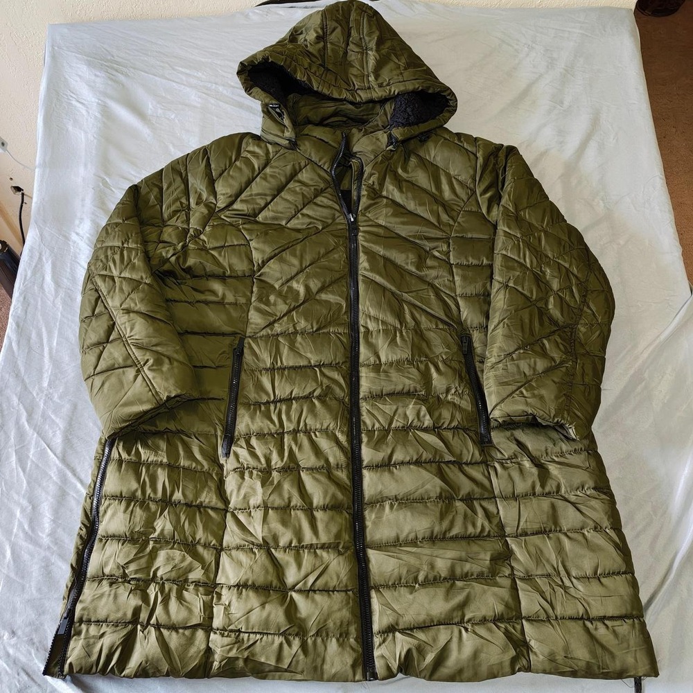 Steve Madden Womens 3X Olive Green Quilted Puffer Coat Long Hooded Jacket Vents